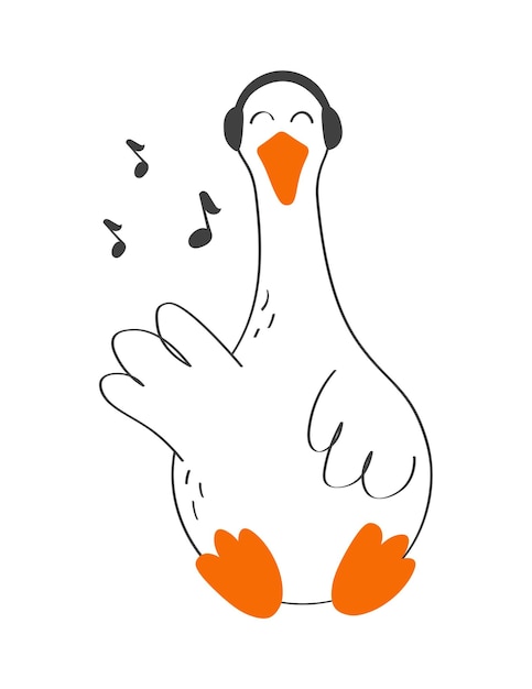 De gans zit in een koptelefoon en luistert naar muziek. hand getekend moderne vectorillustratie.