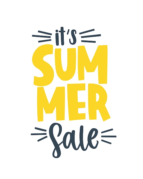 De gele letters van de Summer Sale zijn versierd met streepjes. Promo verticale compositie met handgeschreven cursieve reclametekst. Platte vector inscriptie geïsoleerd op een witte achtergrond.