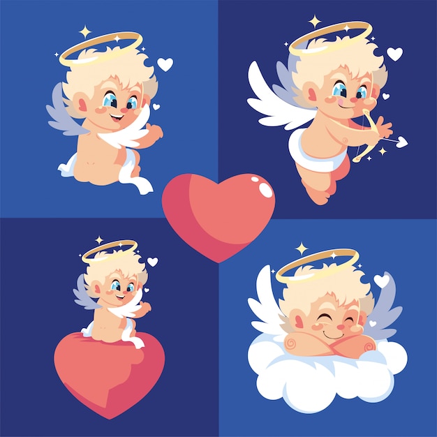 De gelukkige cartoons van valentijnskaarten blonde cupido's