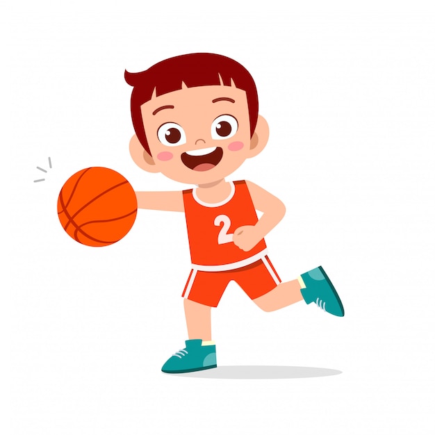 De gelukkige leuke illustratie van het de speltreinbasketbal van de jong geitjejongen