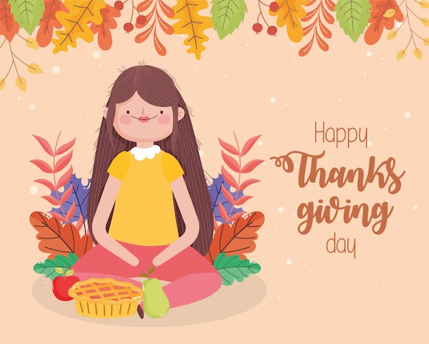 De gelukkige thanksgiving dayvrouw met cakeappel en de peer vallen bladeren