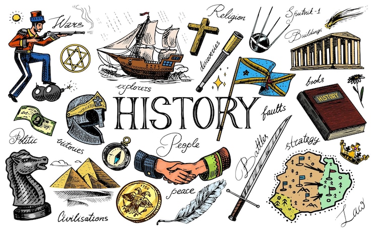 Vector de geschiedenis van mensen wetenschap en onderwijs religie en reizen ontdekkingen en oude symbolen retro schip schaken en handdruk krijger en satelliet hand getrokken gegraveerde vintage schets