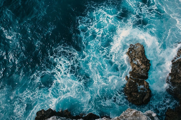 de golven erodeerden de koraalriffen aan de kust lucht drone beeld boven kijkend naar beneden van surf golven rollen