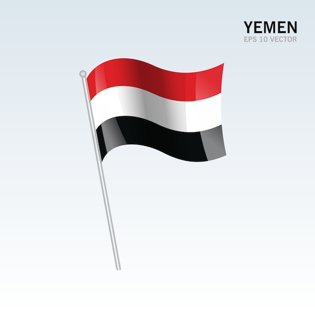 De golvende vlag van yemen die op grijze achtergrond wordt geïsoleerd