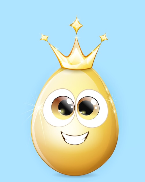 De grappige gouden paaseikoning met kroon glanst helder en breed glimlachend