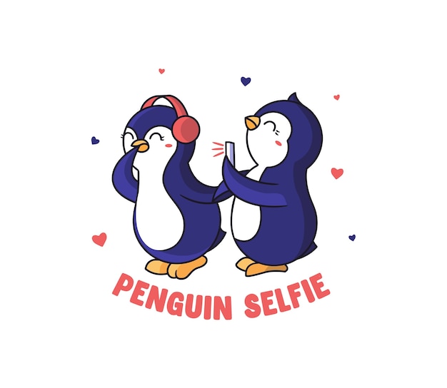 De grappige pinguïns die een selfie maken. Cartooneske dieren reizen. Afbeelding met een belettering zin.