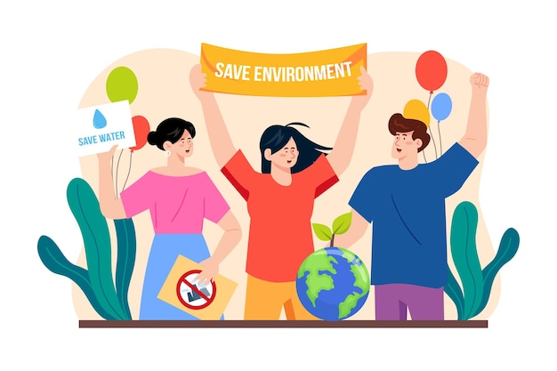 De groep vrijwilligers hief het spandoek Save Environment op