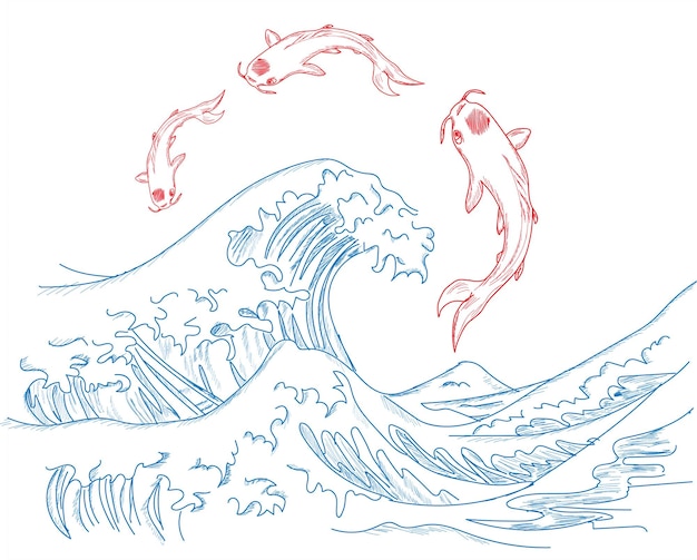 Vector de grote golf van kanagawa japanse stijl achtergrond vector. vissen, golven. hand tekenen vector