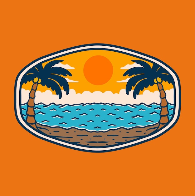 Vector de grote zonsondergangpalm op het strand badge logo design vector illustratie