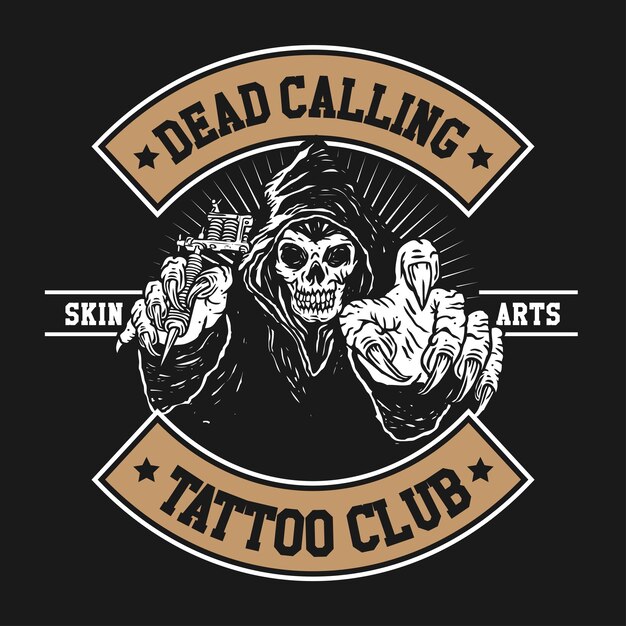 De Hand tekenen Grim Reaper Holding Tattoo Machine vectorillustratie in Patch ontwerpstijl