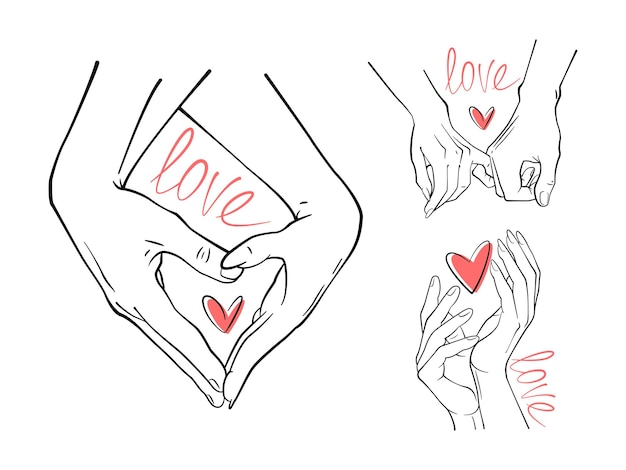 De hand van een man houdt de hand van een vrouw vast. eenvoudige vectorhanden. Lijn kunst. Rood hart. Liefdestekst