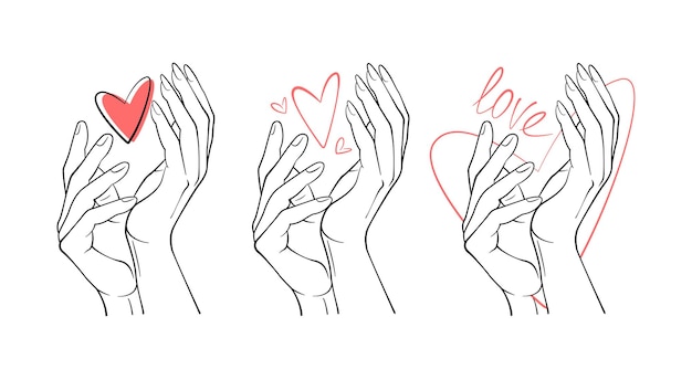 De hand van een man houdt de hand van een vrouw vast. eenvoudige vectorhanden. Lijn kunst. Rood hart. Verschillende varianten.