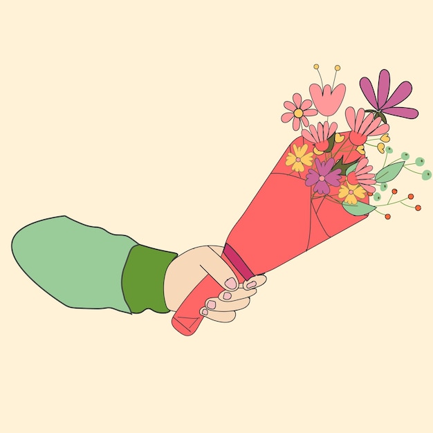 De hand van een man houdt een boeket lentebloemen vast