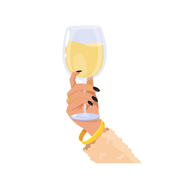 De hand van een vrouw die een champagneglas houdt dat op witte achtergrond wordt geïsoleerd