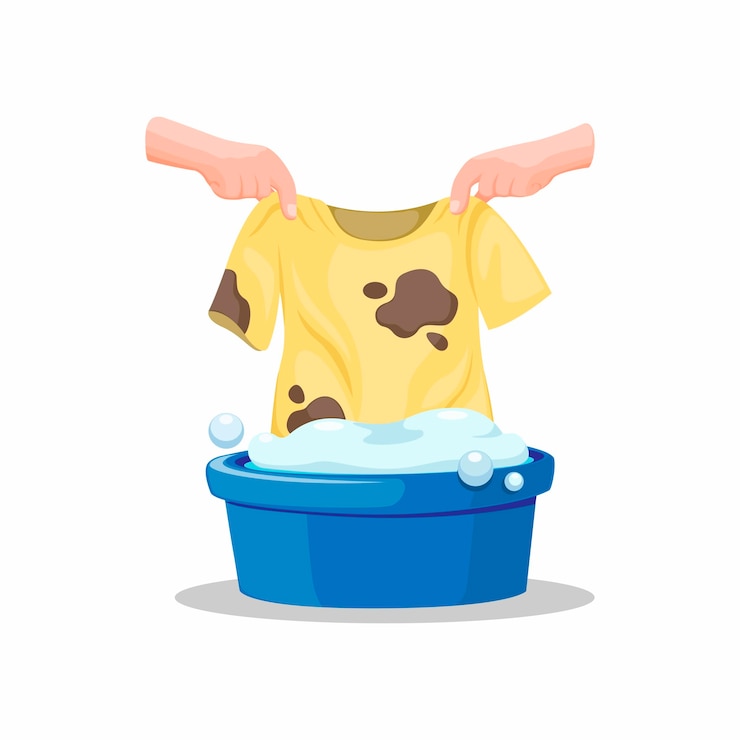 Vector de hand zette vuile t-shirt op emmer volledige zeep van afschrikkende, klerend symbool in beeldverhaalillustratie wassen op witte achtergrond