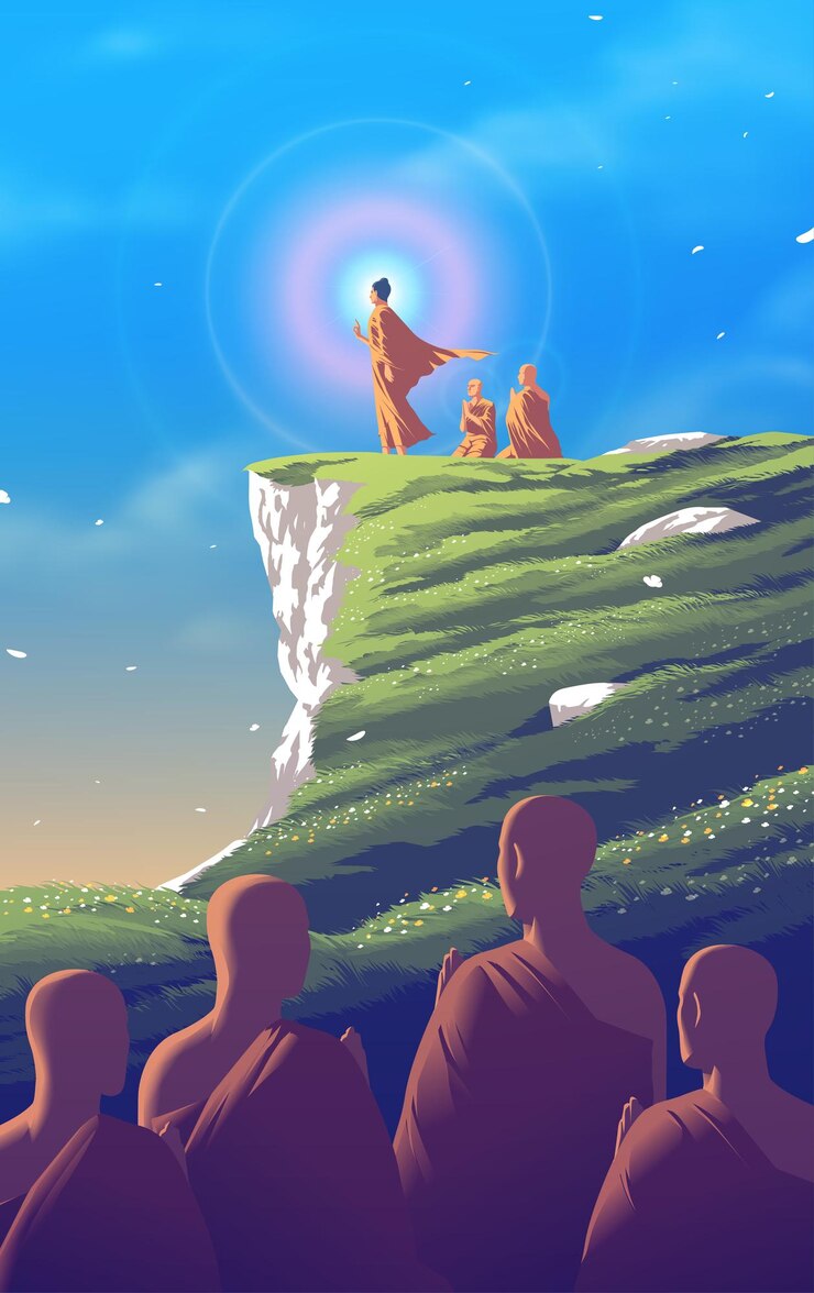De heer Boeddha staat en straalt zijn halo van licht uit op een klif met Sariputta en Moggallana