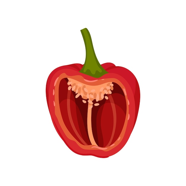 De helft van de rode paprika met zaden in gezond plantaardig kookingrediënt natuurvoeding plat