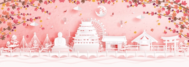 De herfst in nagoya, japan in papier sneed stijl vectorillustratie.