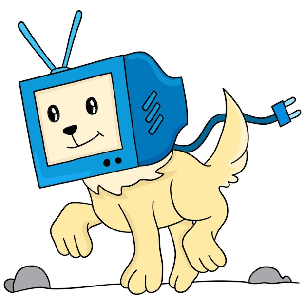 De hond rent met de televisie op zijn kop. cartoon illustratie leuke sticker