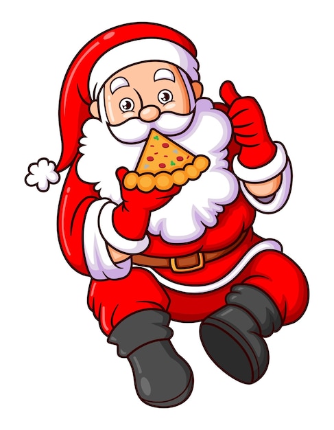 De hongerige kerstman eet heerlijke pizza en steekt een duim omhoog