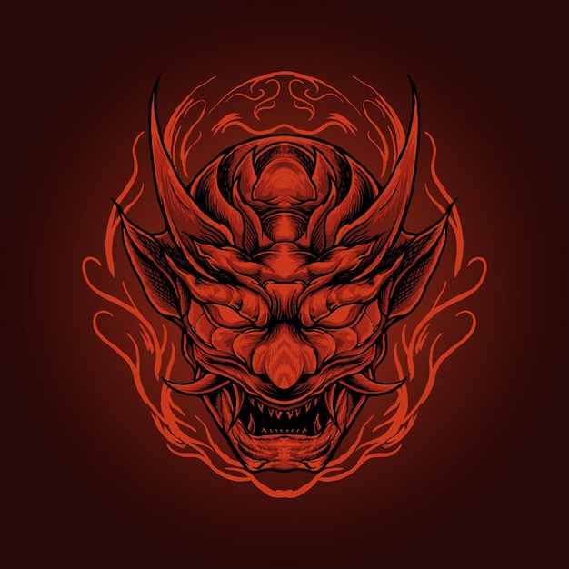 De hoofd oni rode duivel japan masker illustratie