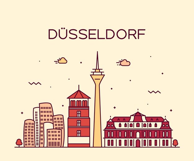 De horizon van Düsseldorf, gedetailleerd silhouet. Trendy vectorillustratie, lineaire stijl