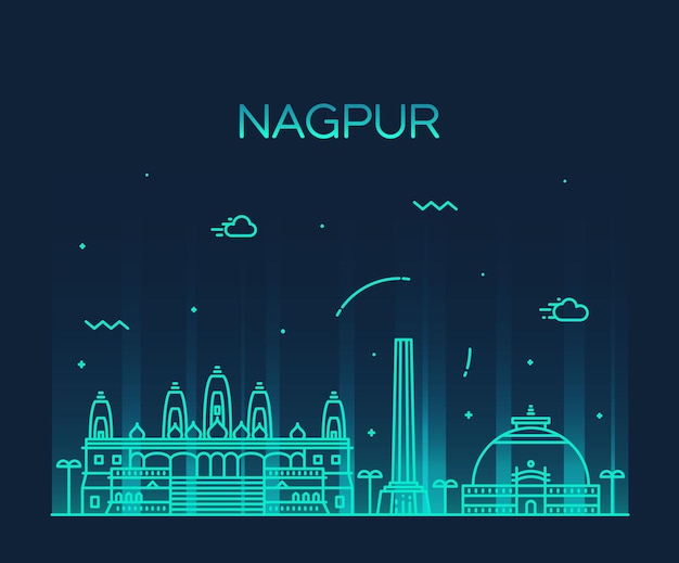 De horizon van Nagpur, gedetailleerd silhouet. Trendy vectorillustratie, lineaire stijl