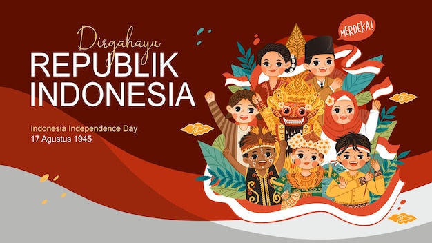 Vector de horizontale banner van de onafhankelijkheidsdag van indonesië met een reeks indonesische karakters viert hut ri