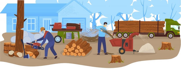 Vector de houtindustrie, hout, timmerhoutvrachtwagen met loggsillustratie registreren. houtproductie en bosbouw.