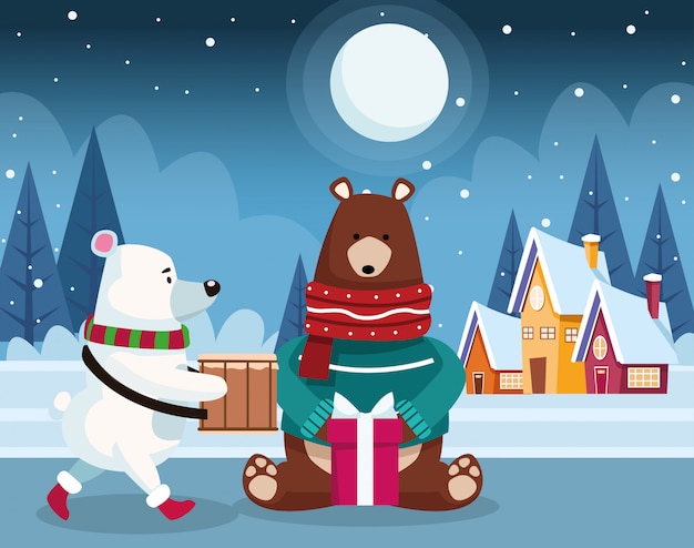 De ijsbeer en de grizzly van kerstmis met giftdoos over kleurrijke de winternacht, illustratie