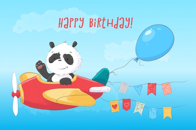 De illustratie leuke panda van kinderen op het vliegtuig