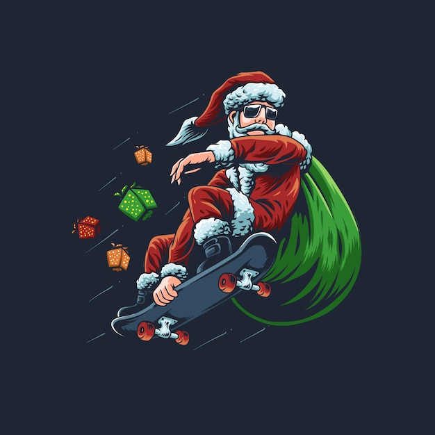 De illustratie van de kerstman met een skateboard