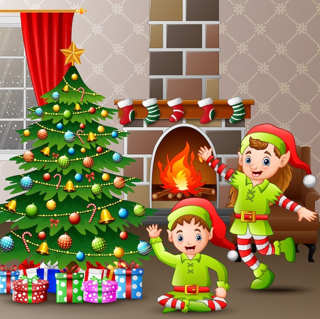 De illustratie van de twee elf vieren kerstmis thuis