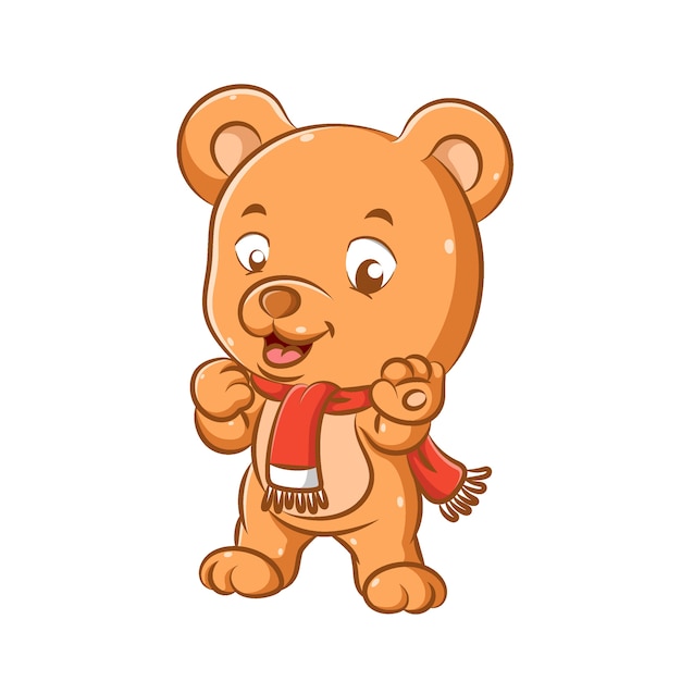 De illustratie van grappige beer met de rode sjaal staat met zijn voeten en glimlacht met zijn kleine mond
