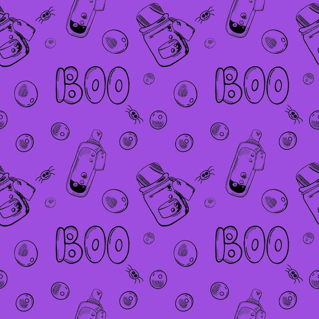 De inscriptie Boo voor Halloween-kaarten. Vectorillustratie voor Halloween. drankje in een fles. naad