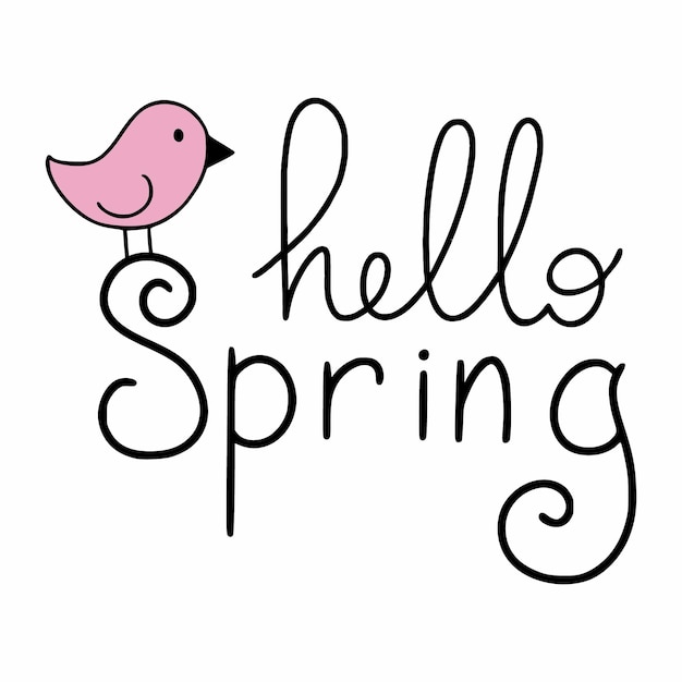 De inscriptie hallo lente en een schattige vogel. belettering voor de eerste dag van de lente. een mooie uitdrukking voor het ontwerp van een ansichtkaart.