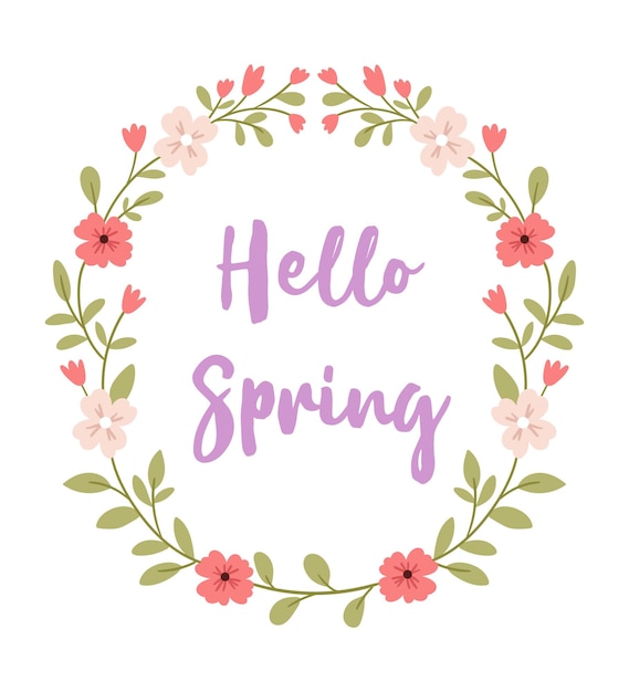 De inscriptie Hallo Lente in een bloemenkransontwerp voor een groetekaartje