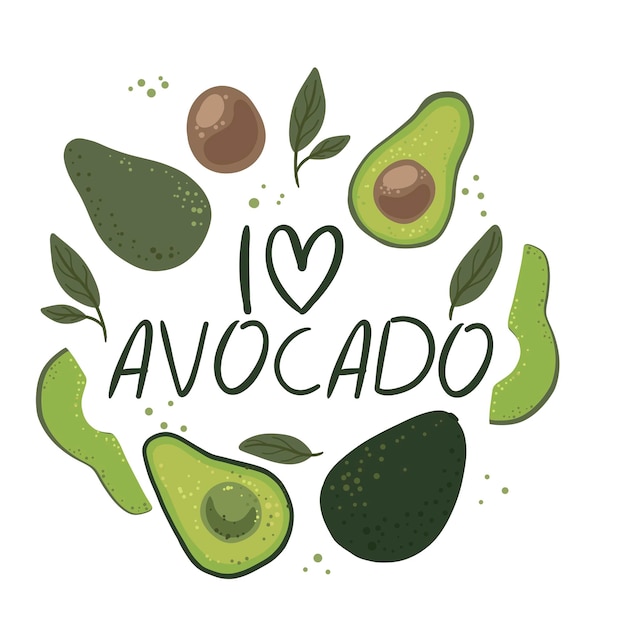 De inscriptie i love avocado Een verzameling van verschillende soorten avocado's Veganistische print