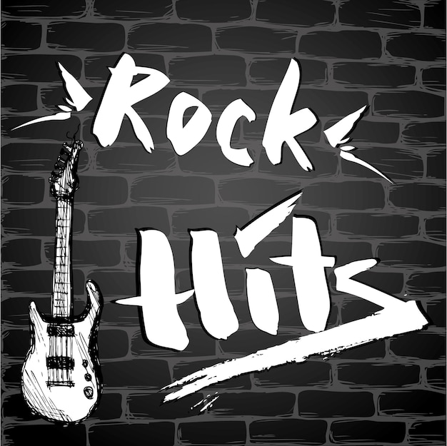 De inscriptie Rock Hits en gitaar op bakstenen muur vectorillustratie