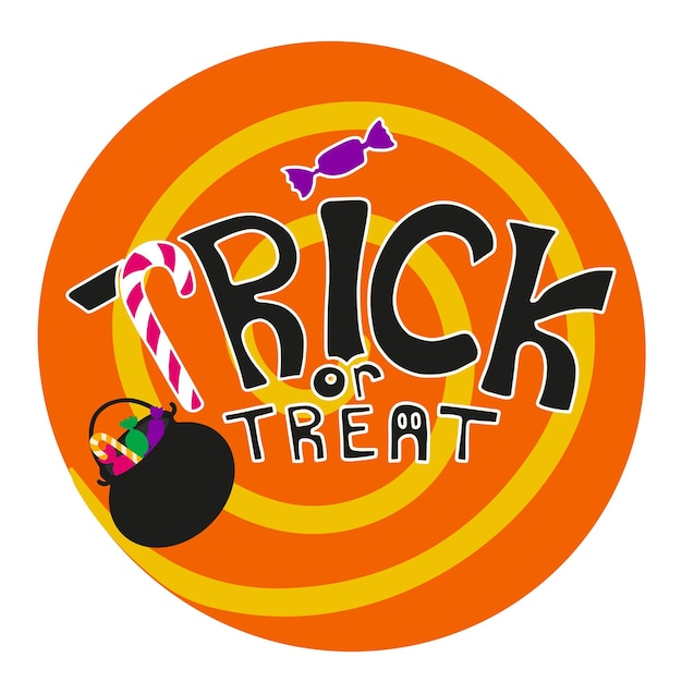De inscriptie trick or treat op een snoepachtergrond Moderne Halloween-uitnodiging Kinderfeestje