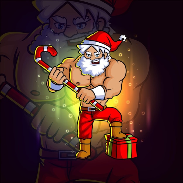 De jonge kerstman met het geschenk en de candy stick esport mascotte ontwerp van illustratie