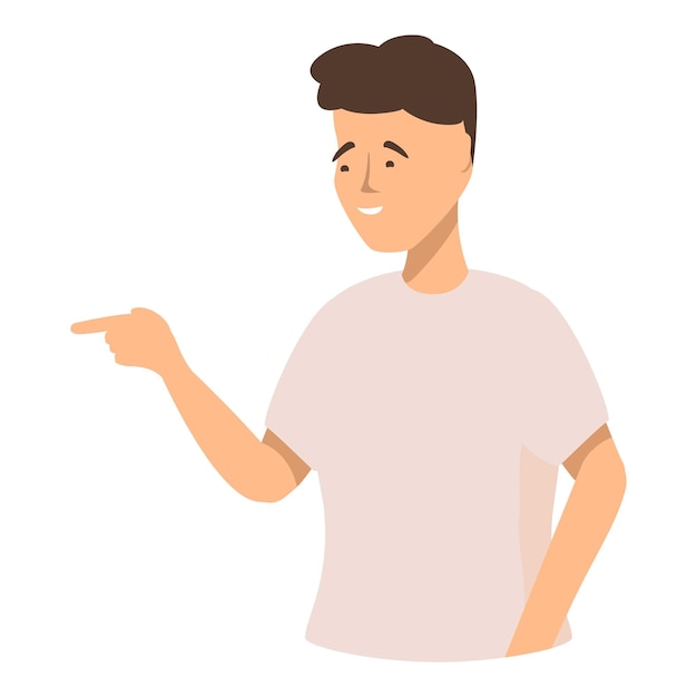 De jonge man wijst met zijn vinger en glimlacht.