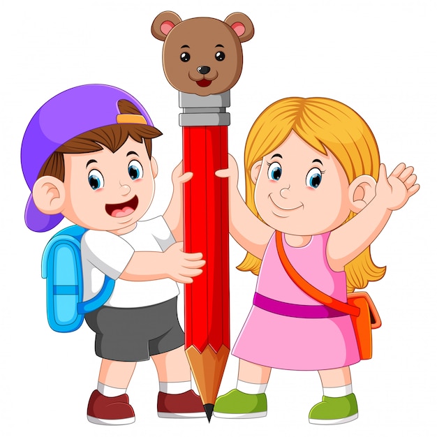 De jongen en het meisje houden het grote potlood vast