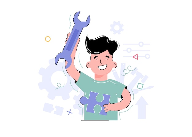 De jongen heeft een handsleutel in zijn handen Element voor het ontwerpen van presentaties, applicaties en websites Trendillustratie