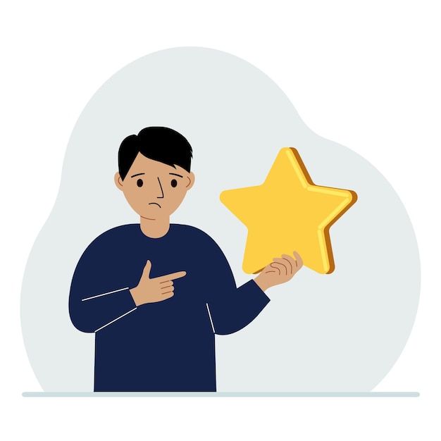 De jongen houdt een ster vast Servicebeoordeling of positieve gebruikersbeoordeling Consumentenbeoordeling van het product Feedback