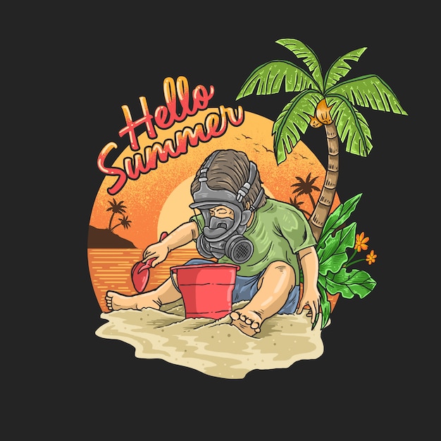De jongen met een gasmasker is op vakantie op een tropisch strand