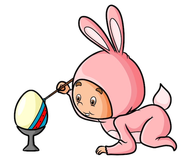 De jongen met het konijnenkostuum kleurt het paasei van de illustratie