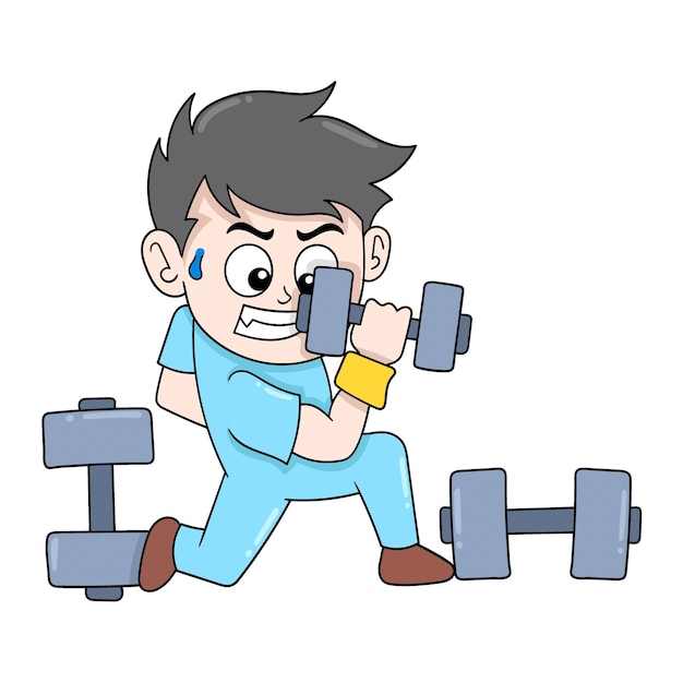 De jongen oefent het heffen van gewichten in de fitness gym doodle icon image kawaii