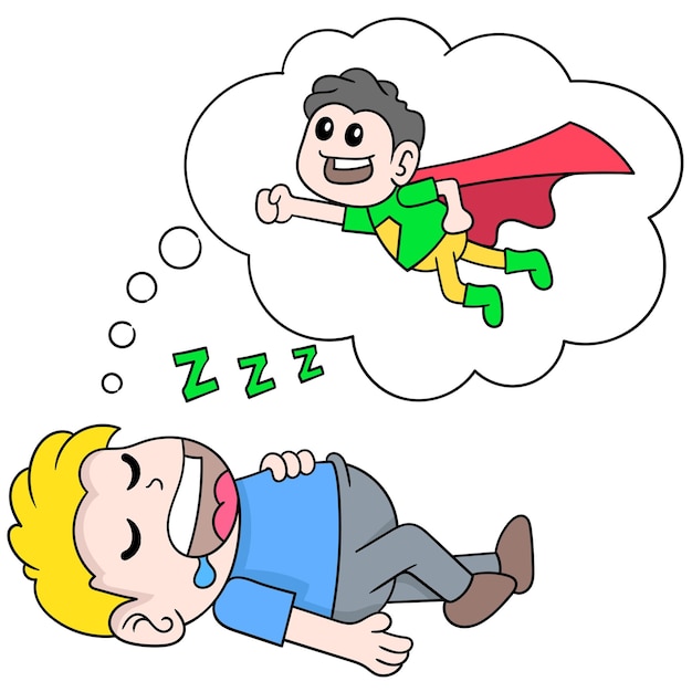 De jongen slaapt stevig dromend van het vliegen om een superheld te zijn, vectorillustratieart. doodle pictogram afbeelding kawaii.
