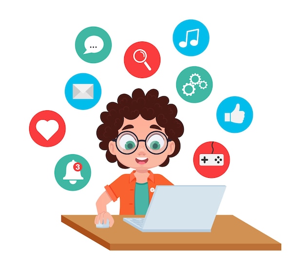 De jongen werkt op een laptop op zoek naar informatie op sociale netwerken op internet